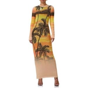 AFRM Dress Womens Extra Small‎ Sunrise Palms Maxi Bodycon Mesh Scenic Print